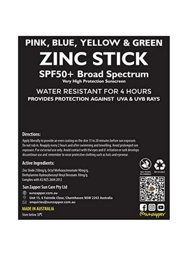 Sun Zapper Zinc Oxide Mineral Sunscreen Stick (Pink, Blue, Green, Yellow) SPF 50+ Water Resistant for Face & Body, Adults, Kids, 4-Pack Broad Spectrum Sun Block, Made in Australia - Image 4