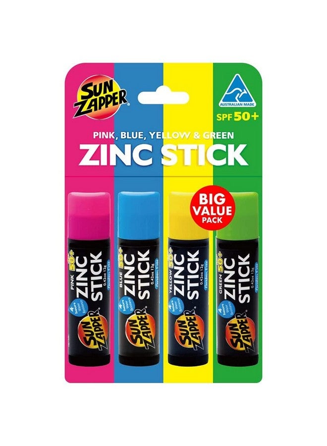 Sun Zapper Zinc Oxide Mineral Sunscreen Stick (Pink, Blue, Green, Yellow) SPF 50+ Water Resistant for Face & Body, Adults, Kids, 4-Pack Broad Spectrum Sun Block, Made in Australia - Image 1