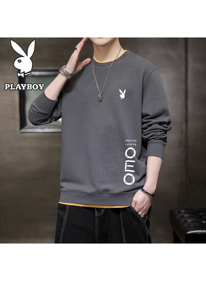 Playboy Men's Long Sleeve T-shirt Spring Autumn Sweatshirt Casual Sports Crew Neck Long Sleeve Base Shirt Dark Gray 4XL - Image 1