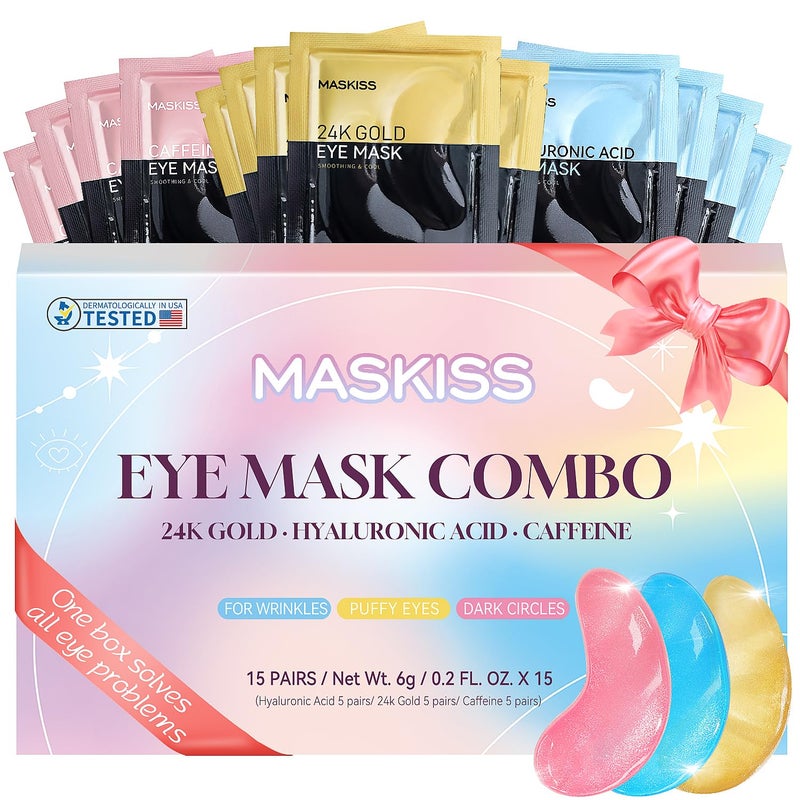 Maskiss Under Eye Patches (15 Pairs), Valentine's Day Gifts for Her, 3 Colors Eye Masks Gift Set for Dark Circles Puffy Eyes, Undereye Bags and Wrinkles, Vegan Skin Care Gifts for Teen Girls - Image 1
