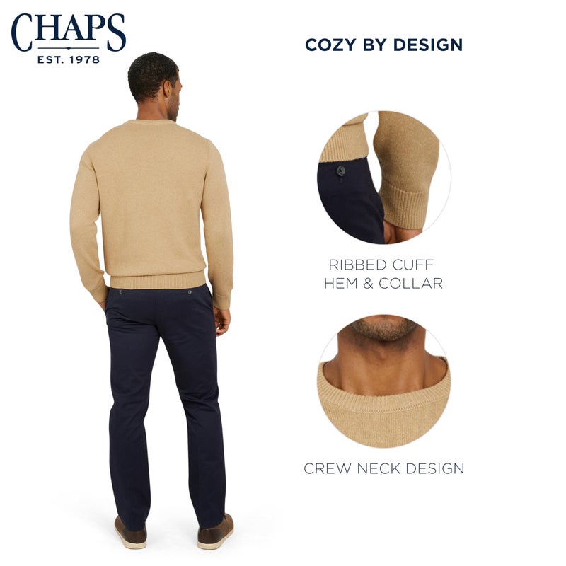 Chaps Men's Classic Fit Long Sleeve Cotton Jersey Midweight Crewneck Sweater, Camel Heather, Large - Image 4