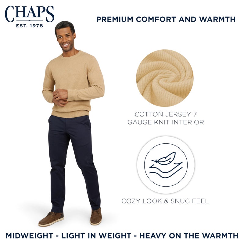 Chaps Men's Classic Fit Long Sleeve Cotton Jersey Midweight Crewneck Sweater, Camel Heather, Large - Image 3