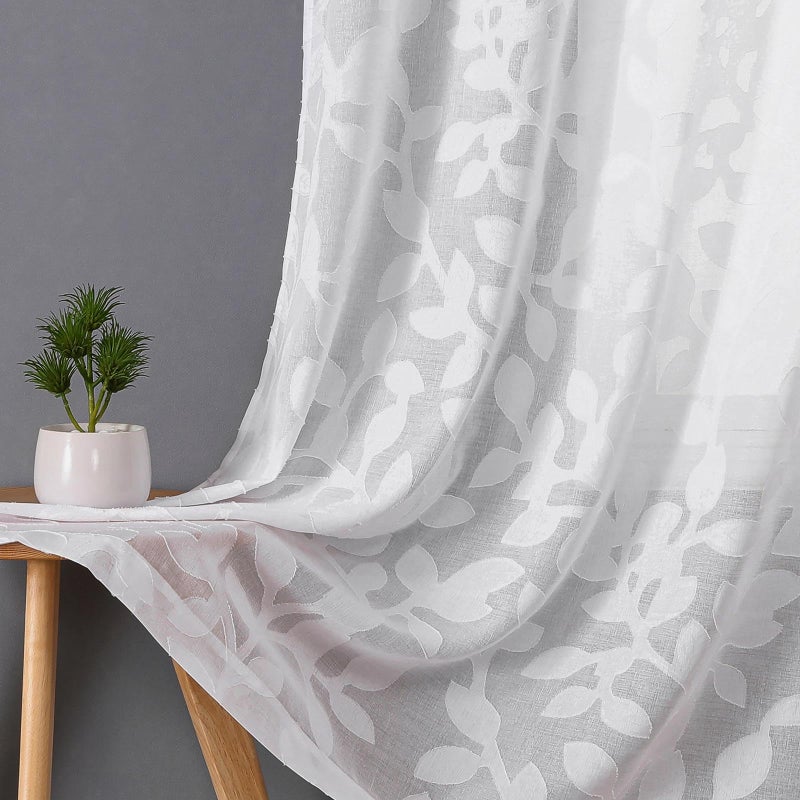 Ovzme White Sheer Curtains 84 Inches Long 2 Panels For Living Room Jacquard Clip Leaf Pattern Textured Light Filtering Window Semi Sheer Voile Drapes For Bedroom Each Panel 42 X 84 Inch - Image 2