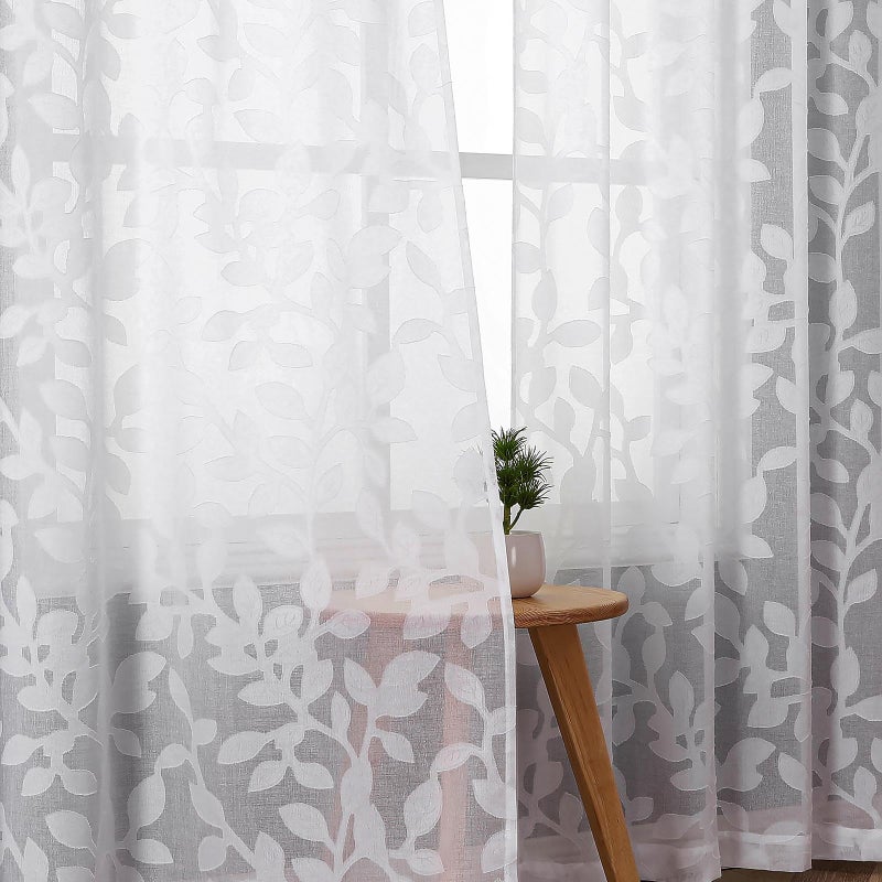 Ovzme White Sheer Curtains 84 Inches Long 2 Panels For Living Room Jacquard Clip Leaf Pattern Textured Light Filtering Window Semi Sheer Voile Drapes For Bedroom Each Panel 42 X 84 Inch - Image 1