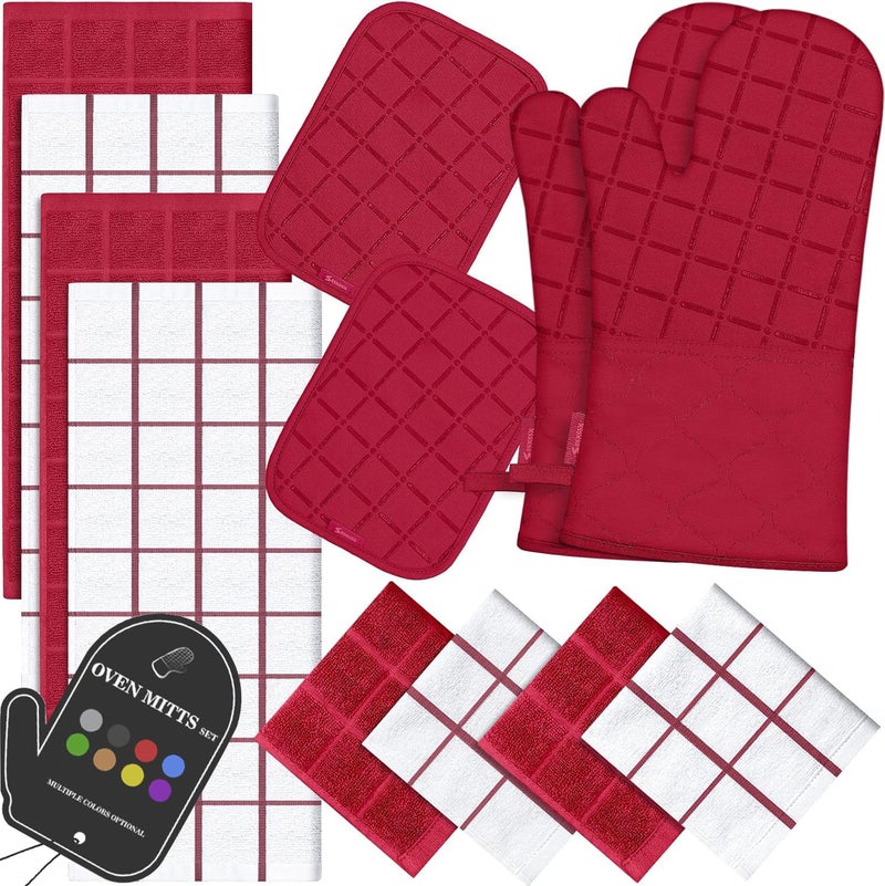 BSKSSK Oven Mitts Kitchen Towels and Dishcloths Pot Holders Sets  Oven Gloves Kitchen Dish Towels 500 Degree Heat Resistant Potholders with Non-Slip Silicone Surface for Cooking  Grilling  Baking-Red - Image 1
