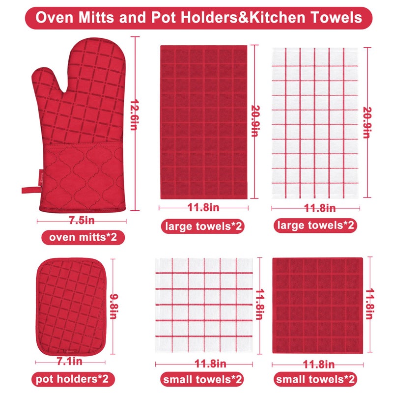 BSKSSK Oven Mitts Kitchen Towels and Dishcloths Pot Holders Sets  Oven Gloves Kitchen Dish Towels 500 Degree Heat Resistant Potholders with Non-Slip Silicone Surface for Cooking  Grilling  Baking-Red - Image 2