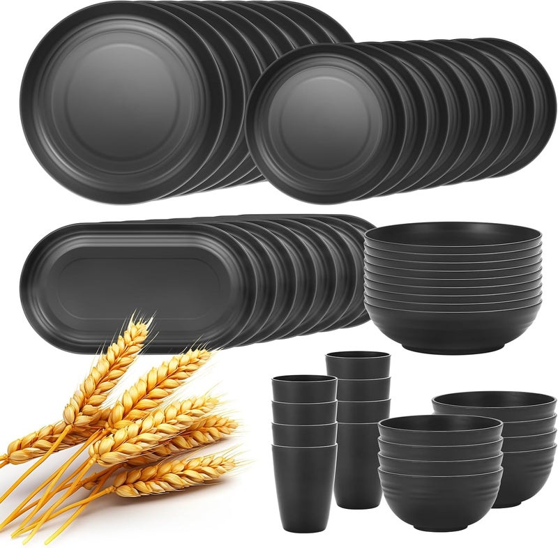 Lazycorner 48Pcs Kitchen Wheat Straw Dinnerware Set Service for 8 Plastic Reuasble Dinner Dishes Serving Plate Set for Kitchen Including Dinner Plate Dessert Plates Bowl CupBlack - Image 1