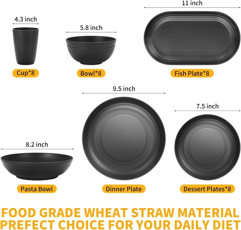 Lazycorner 48Pcs Kitchen Wheat Straw Dinnerware Set Service for 8 Plastic Reuasble Dinner Dishes Serving Plate Set for Kitchen Including Dinner Plate Dessert Plates Bowl CupBlack - Image 2