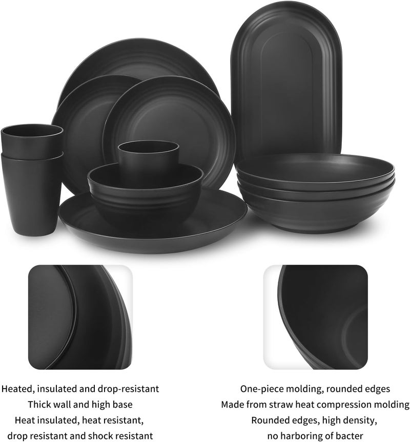 Lazycorner 48Pcs Kitchen Wheat Straw Dinnerware Set Service for 8 Plastic Reuasble Dinner Dishes Serving Plate Set for Kitchen Including Dinner Plate Dessert Plates Bowl CupBlack - Image 4