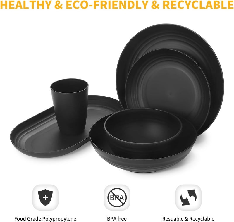 Lazycorner 48Pcs Kitchen Wheat Straw Dinnerware Set Service for 8 Plastic Reuasble Dinner Dishes Serving Plate Set for Kitchen Including Dinner Plate Dessert Plates Bowl CupBlack - Image 3