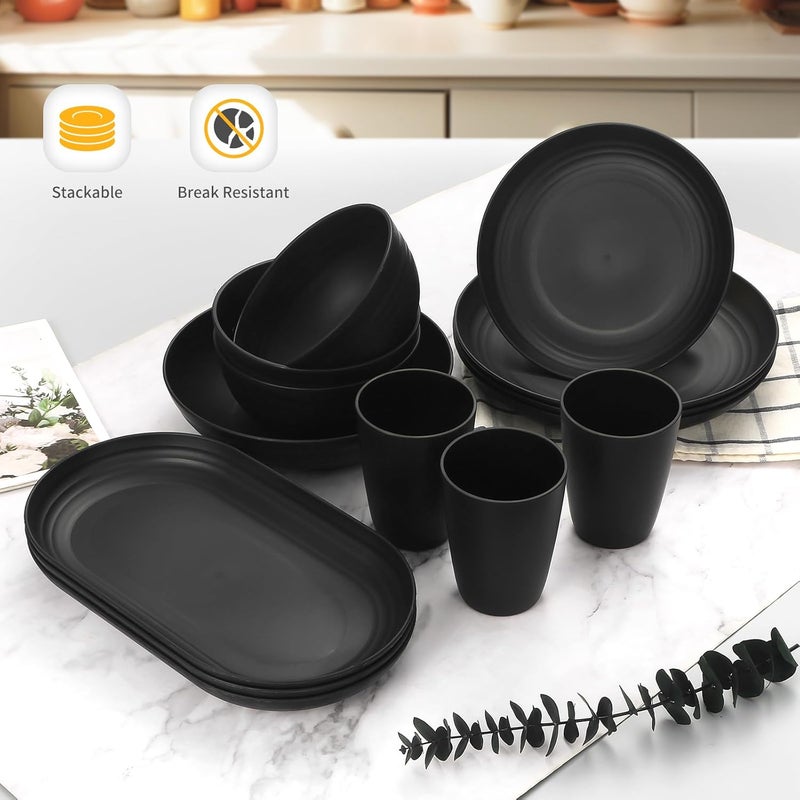 Lazycorner 48Pcs Kitchen Wheat Straw Dinnerware Set Service for 8 Plastic Reuasble Dinner Dishes Serving Plate Set for Kitchen Including Dinner Plate Dessert Plates Bowl CupBlack - Image 5