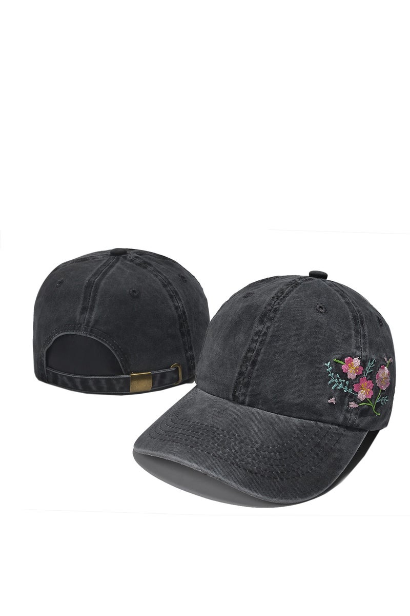 USA Vintage Dark Gray Baseball Cap with Floral Embroidery