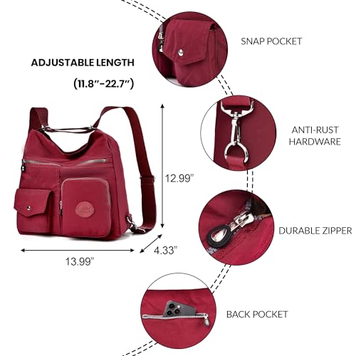 Dora & Liz Multipurpose Hobo Purse for Women with Antitheft RFID, Waterproof Nylon Crossbody Bag Shoulder Handbag, Convertible Backpack (Red) - Image 4
