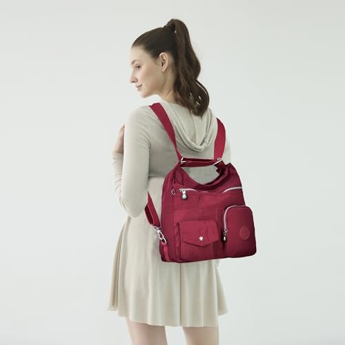 Dora & Liz Multipurpose Hobo Purse for Women with Antitheft RFID, Waterproof Nylon Crossbody Bag Shoulder Handbag, Convertible Backpack (Red) - Image 2