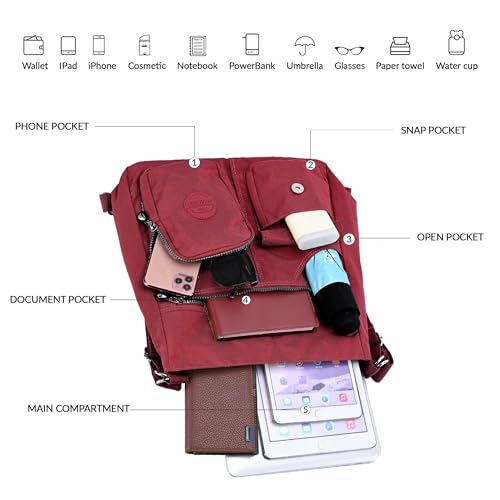 Dora & Liz Multipurpose Hobo Purse for Women with Antitheft RFID, Waterproof Nylon Crossbody Bag Shoulder Handbag, Convertible Backpack (Red) - Image 5