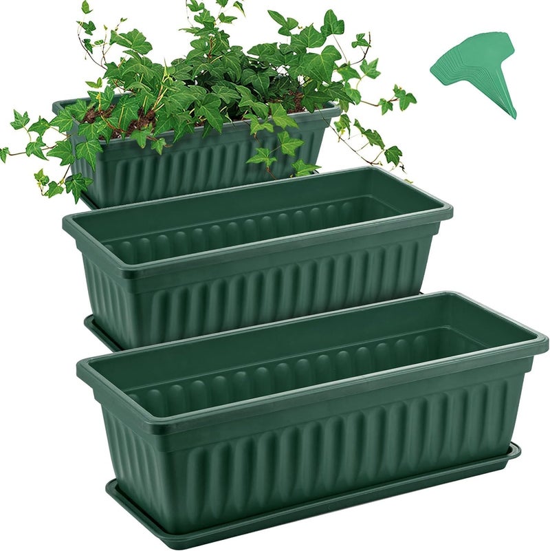 GROWNEER 3 Packs 17 Inches Green Flower Window Box Plastic Vegetable Planters Long Pots with 15 Pcs Plant Labels for Outdoor Indoor Windowsill Patio Garden Home Decor Porch - Image 1