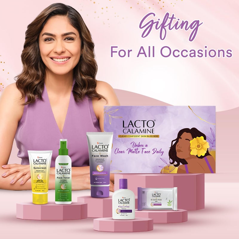 Lacto Calamine مجموعة العناية بالوجه من لاكتو كالمين للنساء غسول وجه واقي شمس مناديل مبللة تونر لوشن للوجه عبوة من 5 منتجات مميزة هدايا ديوالي للعائلة والأصدقاء - Image 4