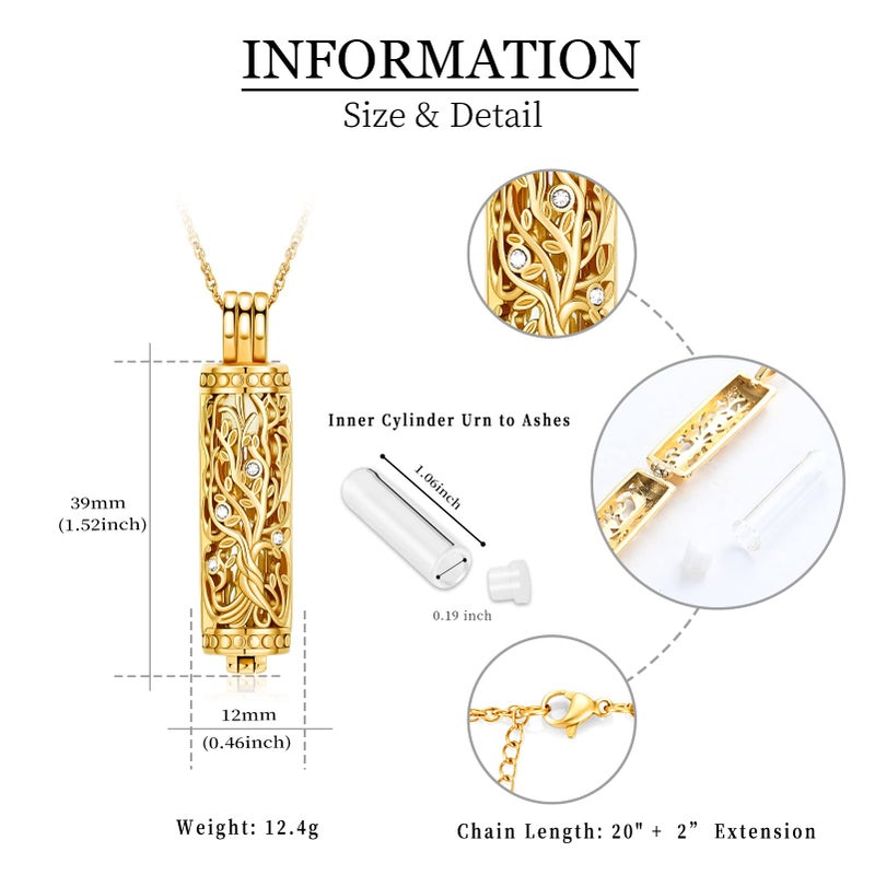 shajwo Cylinder Urn Necklaces for Ashes for Women Men Tree of Life Cremation Jewelry Glass Keepsake Memorial Pendant,Gold - Image 2