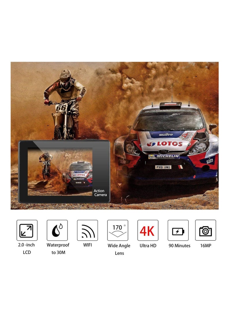 Generic - 4K Wi-Fi Action Camera 16MP Waterproof DV Camcorder 170 Degree Wide Angle LCD with 1 Battery and Mounting Accessories Kit - Image 1