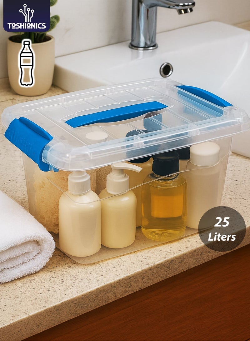 دي بلو 25 Liters Premium Clear Plastic Storage Box with Lockable Lid Carry Handle & Clip Locks – T114628 – Stackable Transparent Organizer Bin for Clothes, Toys, Tools, Snacks & Home Storage (41×30×23.5 cm) - Image 2