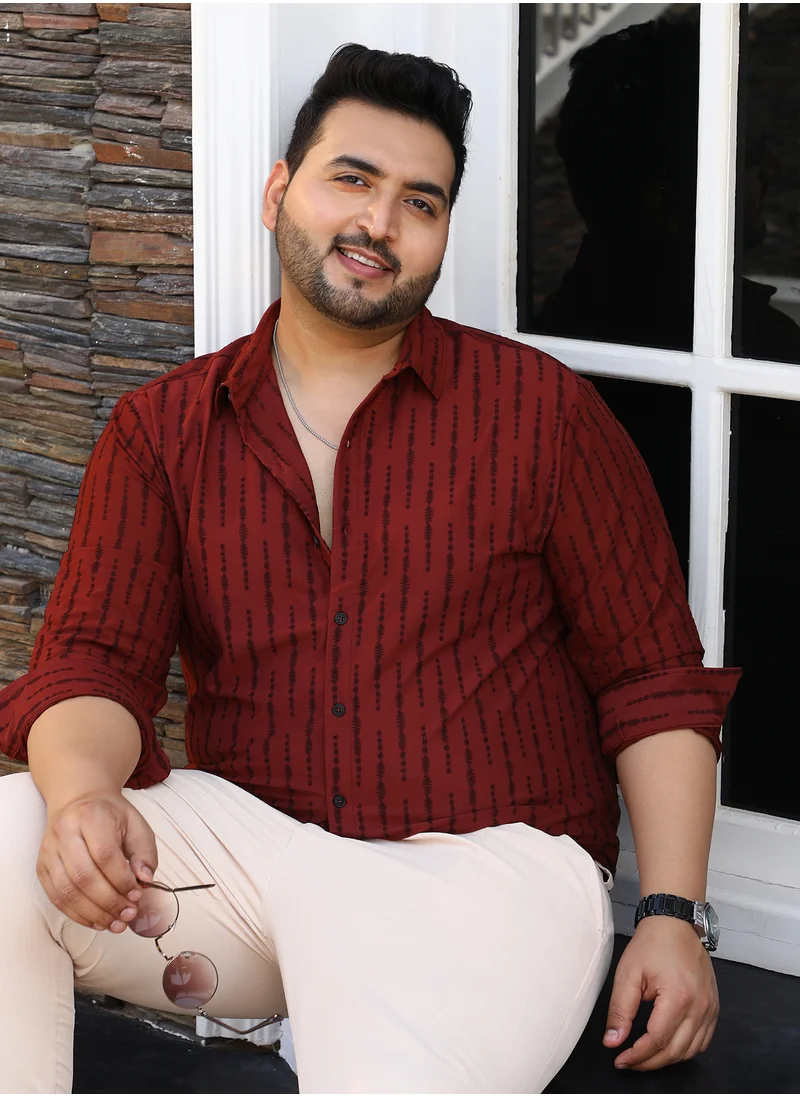 انستافاب بلس Instafab Plus Men's Brick Red Tassel-Weave Shirt For Casual Wear | Spread Collar | Long Cuffed Sleeves | Button Closure | Plus Size Shirt Crafted With Comfort Fit For Everyday Wear