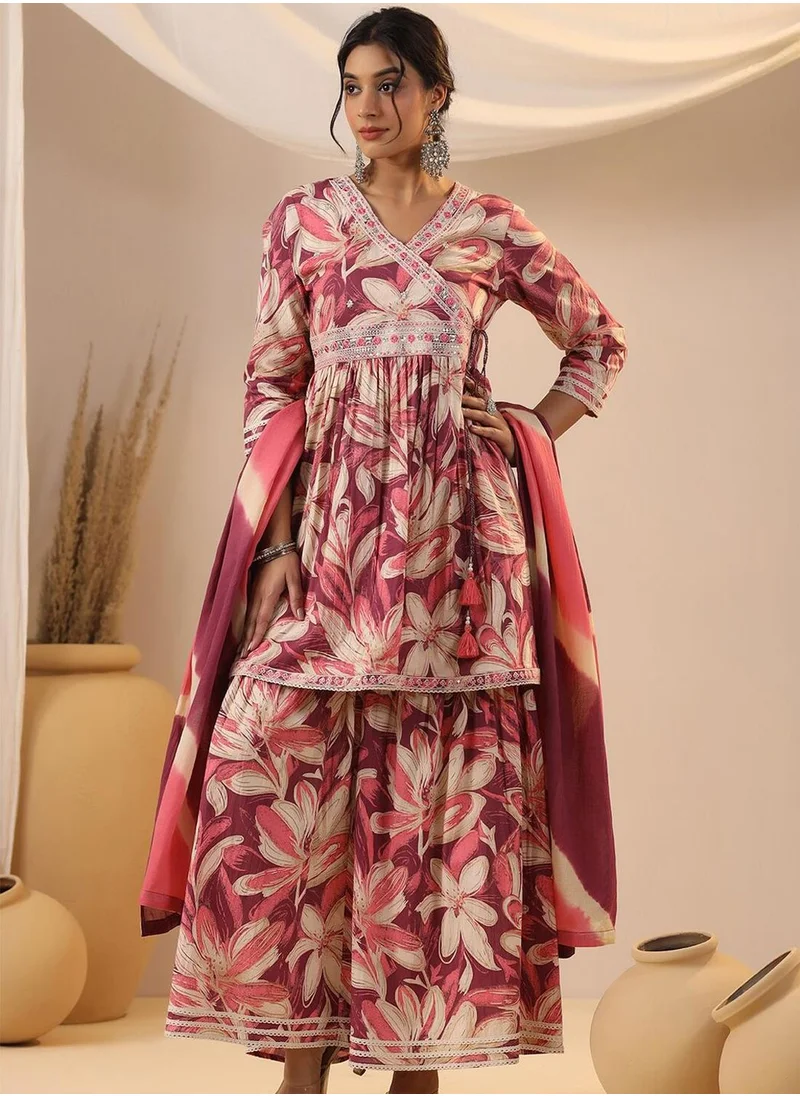 آي شين Women's Wine 100% Cotton Embellished Tunic Full Length Palazzo Straight Fit Kurta Set