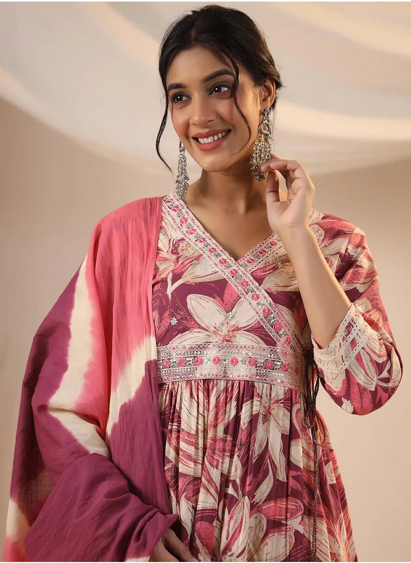 آي شين Women's Wine 100% Cotton Embellished Tunic Full Length Palazzo Straight Fit Kurta Set