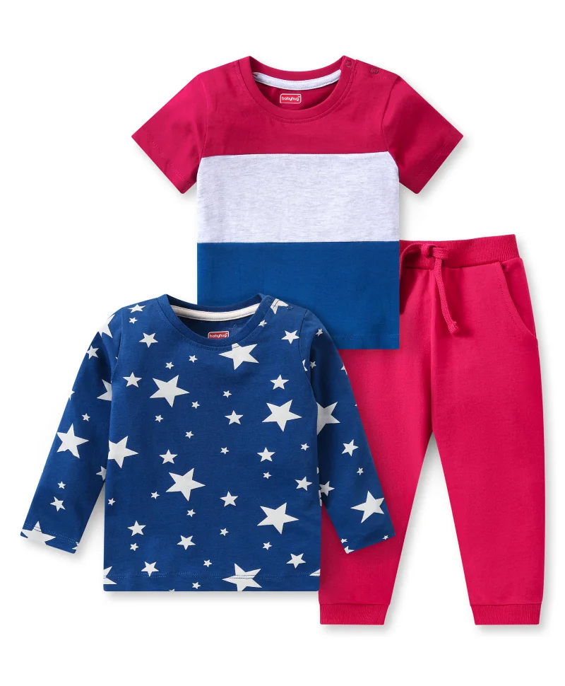 babyhug Babyhug Cotton Knit Half And Full Sleeves T-Shirt & Pants Set Valuepack With Star & Stripes Print -  Multicolor