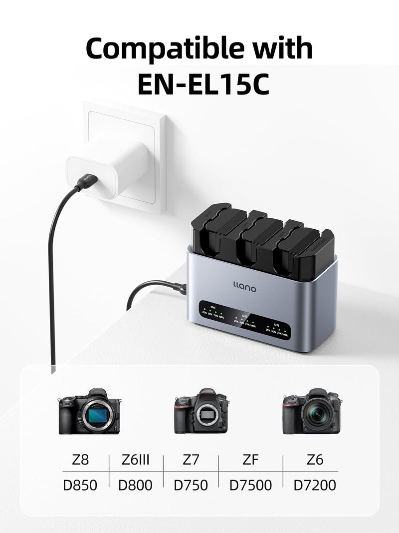 llano 3-Pack EN-EL15C Batteries and 30W Fast Charger for Nikon Z8, ZR, Z7II, Z5II, ZF, Z6III, D850, Z7, Z6II, Z6, D7500, D750, Heat Dissipation Aluminum Alloy Body, 2.8H Full Charged, LED Display - Image 4
