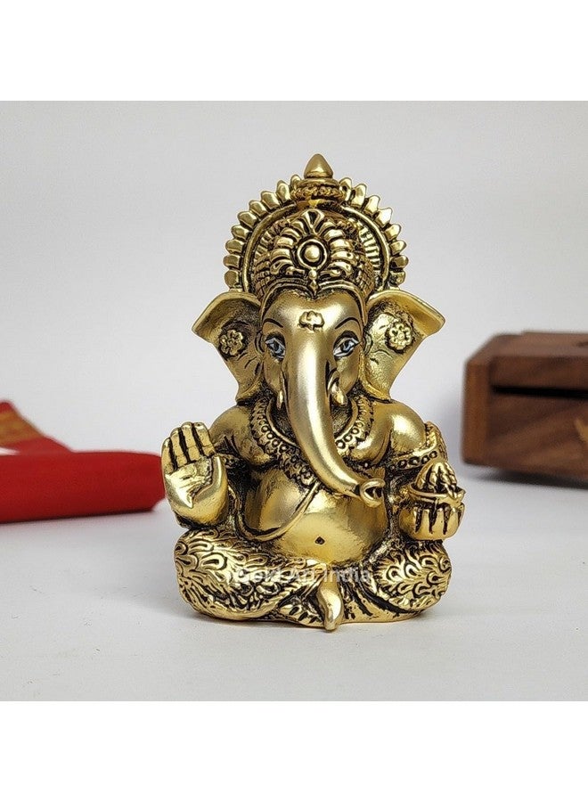 Gold Art India Ganesha Idol | Ganesh Statue for Home Decor | Ganesha murti for Office Desk, & Ganpati Idol for Car Dashboard | Unique Wedding & Birthday Gift (Gold Antique 3.5") - Image 1
