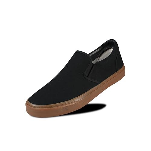 hello basics Men's Sneakers Classic Low Top Slip On Shoes Wide Canvas Skate Loafers Sneakers with Soft Insole Causal Dress Shoes for Men Comfortable Walking Shoes Slip on Sneakers for Men, GumBlack, 10 - Image 1