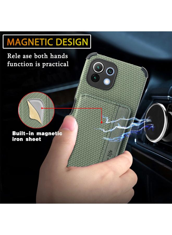 erorex Case For Xiaomi Mi 11 Lite Carbon Fiber Magnetic Card Bag TPU+PU Shockproof Back Cover Case with Holder & Card Slot & Photo Frame - Image 5