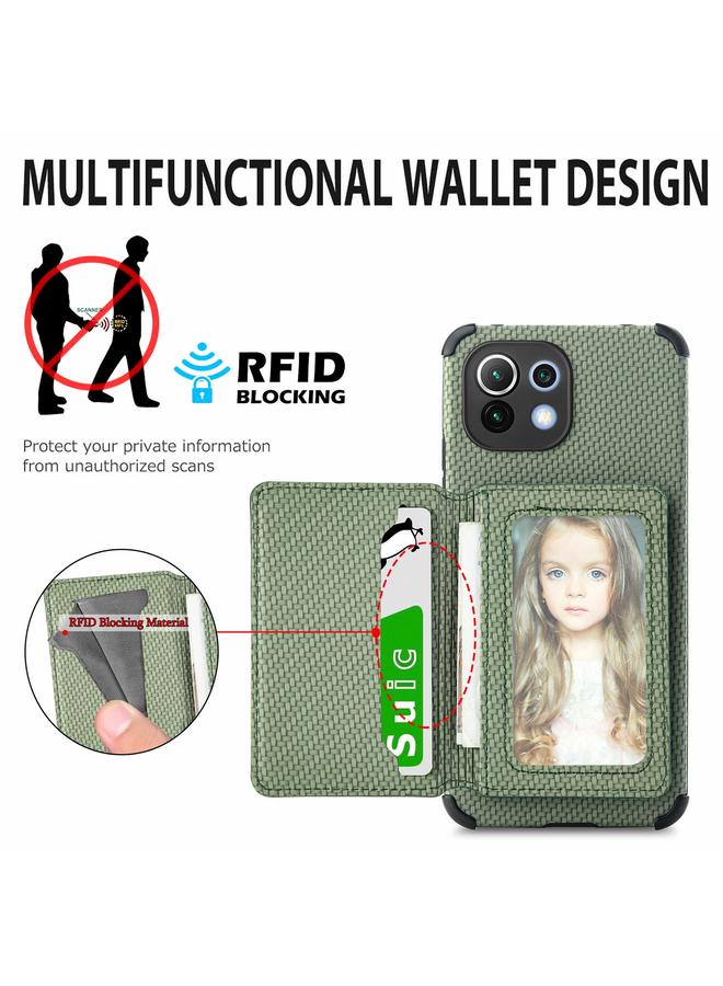 erorex Case For Xiaomi Mi 11 Lite Carbon Fiber Magnetic Card Bag TPU+PU Shockproof Back Cover Case with Holder & Card Slot & Photo Frame - Image 4