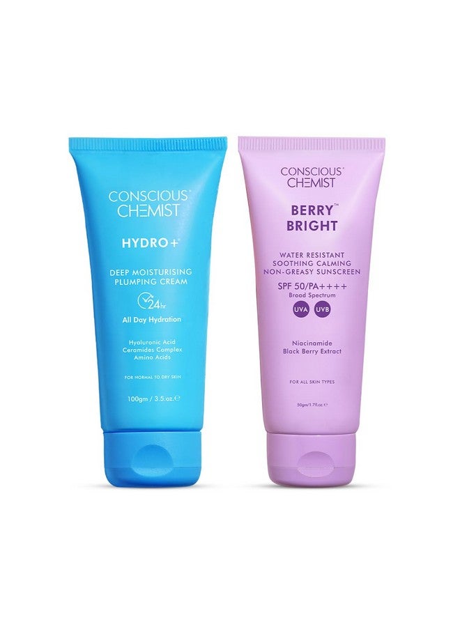 CONSCIOUS CHEMIST مجموعة واقي الشمس ومرطب كونسيوس كيميست® | SPF 50 PA++++ | 150 جرام | واقي شمس للبشرة الدهنية مع النياسيناميد والتوت الأسود | مرطب حمض الهيالورونيك للبشرة الجافة مع السيراميد | خفيف الوزن، مرطب، مقاوم للماء | لجميع أنواع البشرة | توت مشرق وهيدرو+ - Image 1