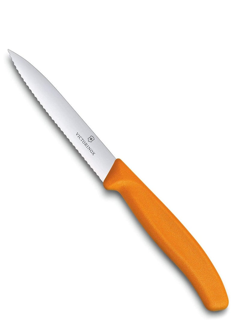 VICTORINOX KITCHEN Victorinox Swiss Classic Paring 4" Serrated Spear Point Blade 5/8" Width at Handle Orange  - Image 1