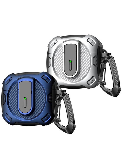 2Packs Airpods 4 Case Hard Shell Protective Armor LED Visible Wireless Charging Case Cover with Lock - Silver Blue