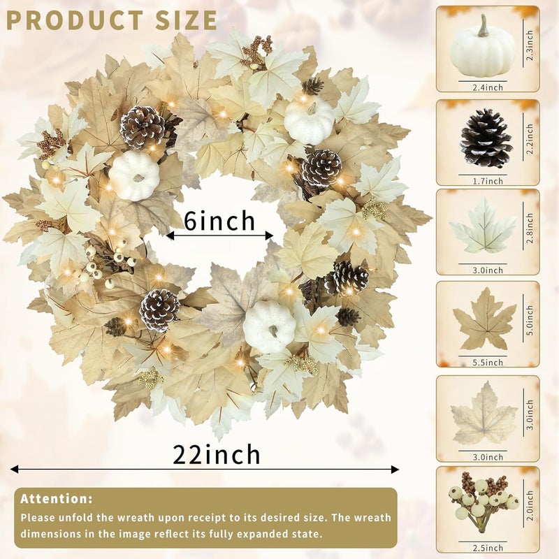 Ghrdopy Fall Wreath with Lights 22 Inch - Fall Wreaths for Front Door Thanksgiving Halloween with Fall Home Decorations Autumn Wreath for Indoor Outdoor Wall Festival Decor - Image 4