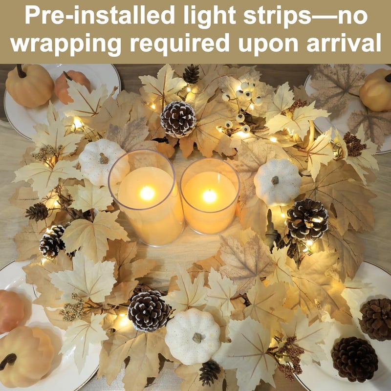 Ghrdopy Fall Wreath with Lights 22 Inch - Fall Wreaths for Front Door Thanksgiving Halloween with Fall Home Decorations Autumn Wreath for Indoor Outdoor Wall Festival Decor - Image 2