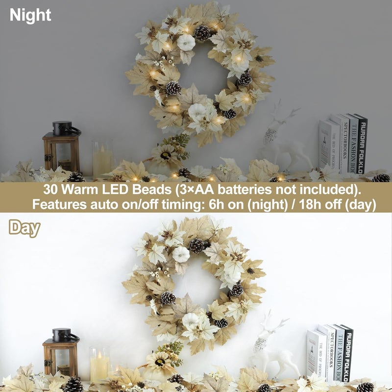 Ghrdopy Fall Wreath with Lights 22 Inch - Fall Wreaths for Front Door Thanksgiving Halloween with Fall Home Decorations Autumn Wreath for Indoor Outdoor Wall Festival Decor - Image 5