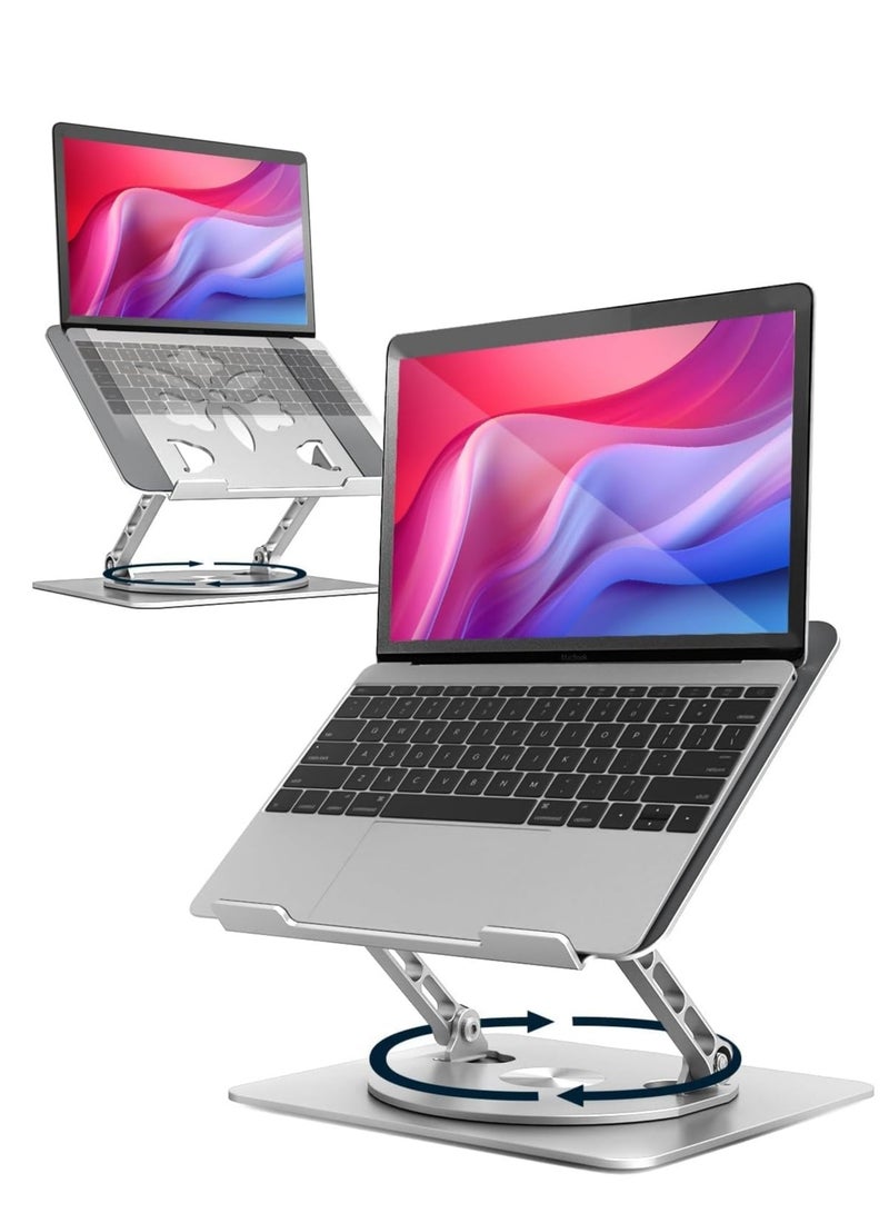 حامل لابتوب قابل للتعديل للمكتب مع قاعدة دوارة 360 درجة - حامل لابتوب مريح من الالومنيوم، حامل كمبيوتر محمول يناسب ماك بوك برو/اير ديل اتش بي لينوفو نوت بوك حتى 15.6 انش (فضي) - Image 1