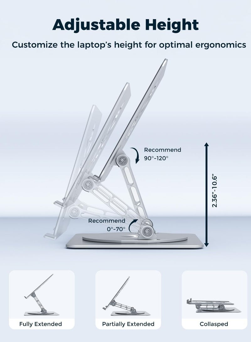حامل لابتوب قابل للتعديل للمكتب مع قاعدة دوارة 360 درجة - حامل لابتوب مريح من الالومنيوم، حامل كمبيوتر محمول يناسب ماك بوك برو/اير ديل اتش بي لينوفو نوت بوك حتى 15.6 انش (فضي) - Image 2