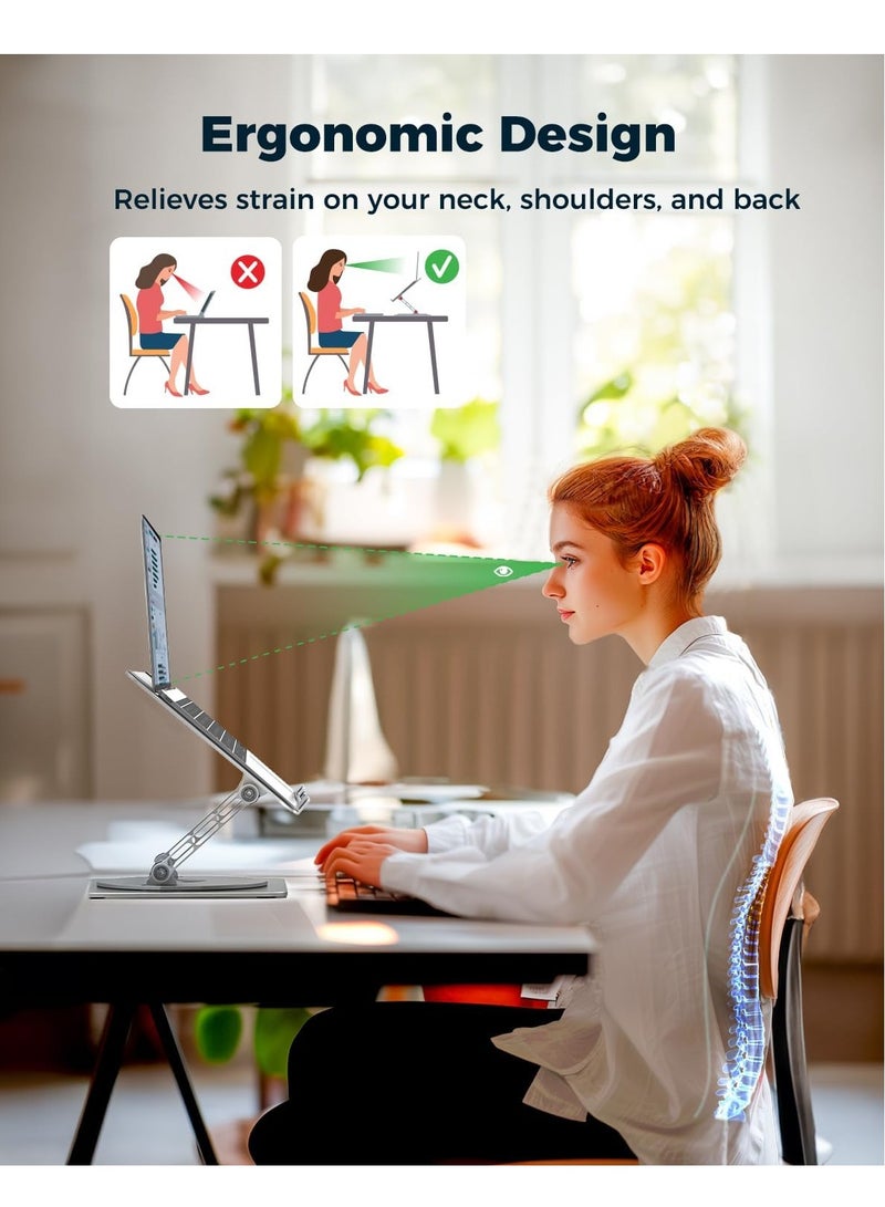 حامل لابتوب قابل للتعديل للمكتب مع قاعدة دوارة 360 درجة - حامل لابتوب مريح من الالومنيوم، حامل كمبيوتر محمول يناسب ماك بوك برو/اير ديل اتش بي لينوفو نوت بوك حتى 15.6 انش (فضي) - Image 4