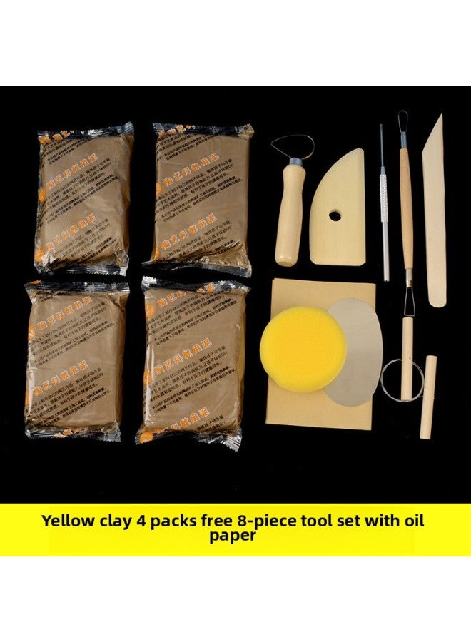 Clay Student Handmade Clay Soft Clay Clay Purple Clay Special Clay Sculpture Set Ceramic Clay Tool Clay-Color:Yellow Clay (4 Packs Of Free Oil Paper) + 8-piece Tool Set  - Image 1