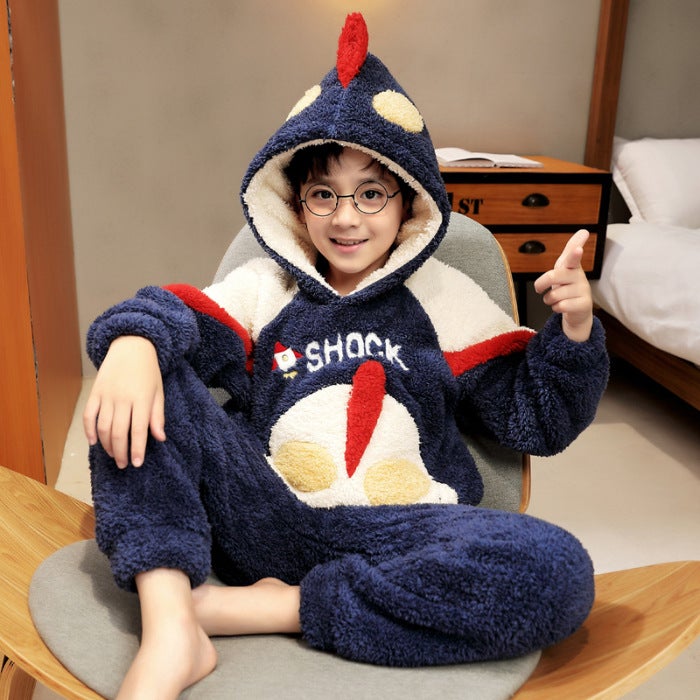 Generic Autumn and Winter plush childrens pajamas cartoon hooded boys coral fleece childrens thickened warm homewear 25065#