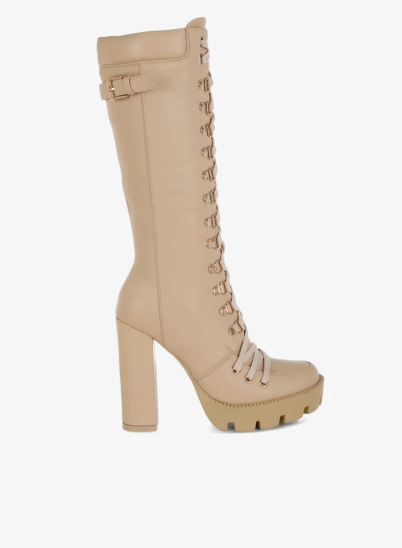 Beige Cushion Collared Lace Up Boots