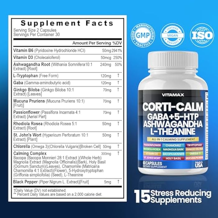Vitamax Corti-Calm Cortisol Supplement, L Theanine, Ashwagandha, Vitamin D 3, GABA for Relaxation, Fatigue & Focus with Ginkgo Biloba, Bacopa Monnieri, 5-HTP – Non-GMO, Made in USA – 60ct - Image 5