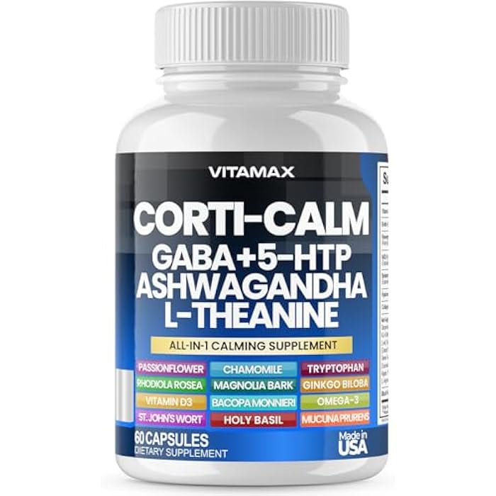 Vitamax Corti-Calm Cortisol Supplement, L Theanine, Ashwagandha, Vitamin D 3, GABA for Relaxation, Fatigue & Focus with Ginkgo Biloba, Bacopa Monnieri, 5-HTP – Non-GMO, Made in USA – 60ct - Image 1