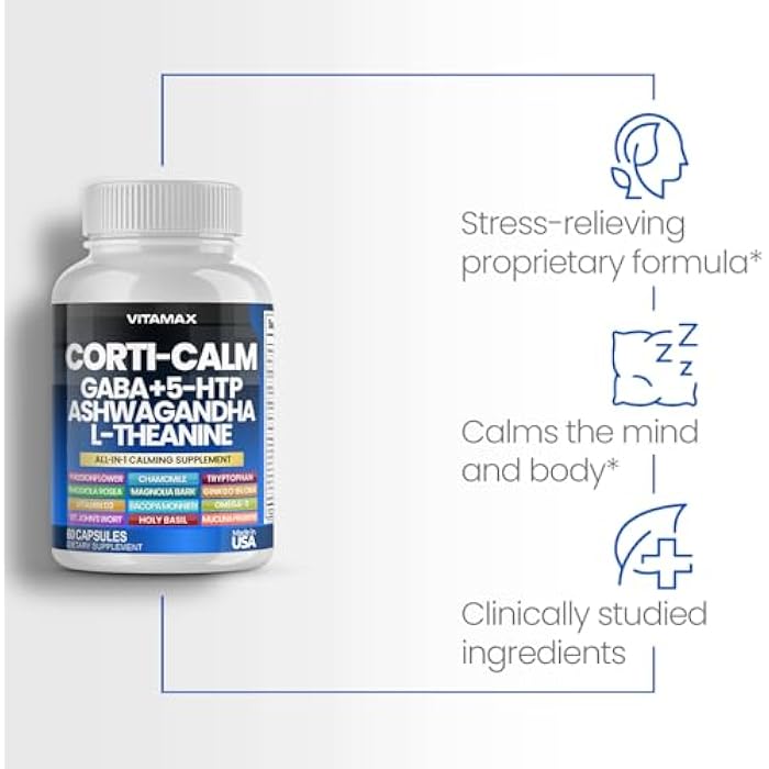 Vitamax Corti-Calm Cortisol Supplement, L Theanine, Ashwagandha, Vitamin D 3, GABA for Relaxation, Fatigue & Focus with Ginkgo Biloba, Bacopa Monnieri, 5-HTP – Non-GMO, Made in USA – 60ct - Image 2