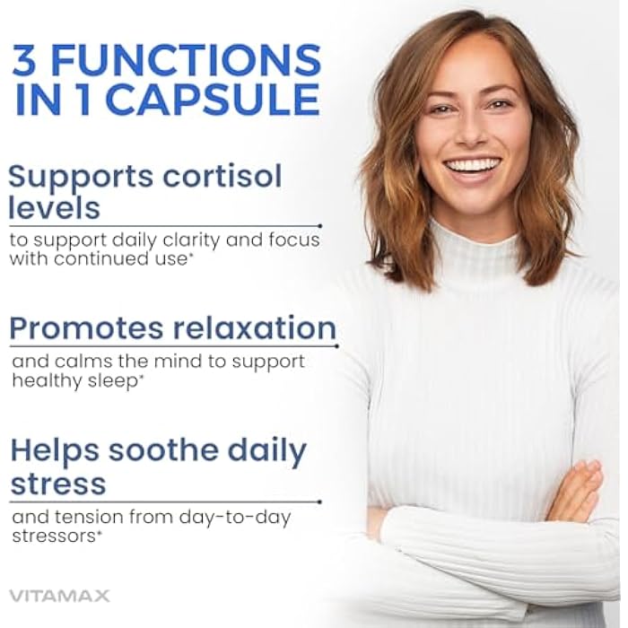 Vitamax Corti-Calm Cortisol Supplement, L Theanine, Ashwagandha, Vitamin D 3, GABA for Relaxation, Fatigue & Focus with Ginkgo Biloba, Bacopa Monnieri, 5-HTP – Non-GMO, Made in USA – 60ct - Image 4