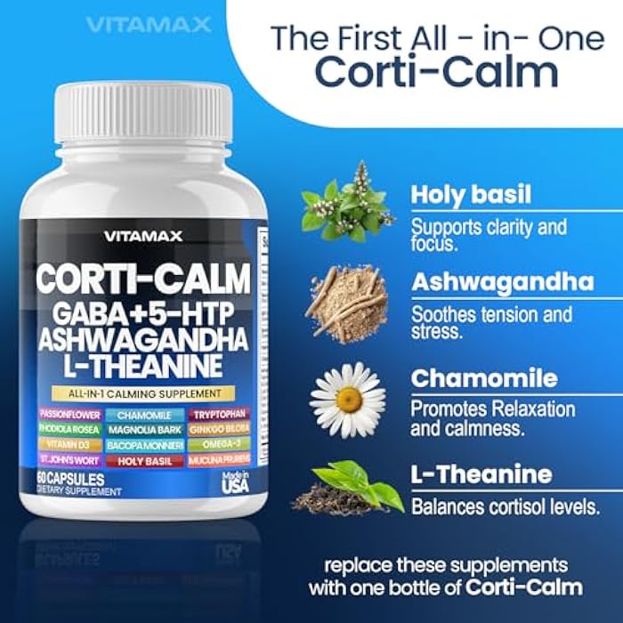 Vitamax Corti-Calm Cortisol Supplement, L Theanine, Ashwagandha, Vitamin D 3, GABA for Relaxation, Fatigue & Focus with Ginkgo Biloba, Bacopa Monnieri, 5-HTP – Non-GMO, Made in USA – 60ct - Image 3